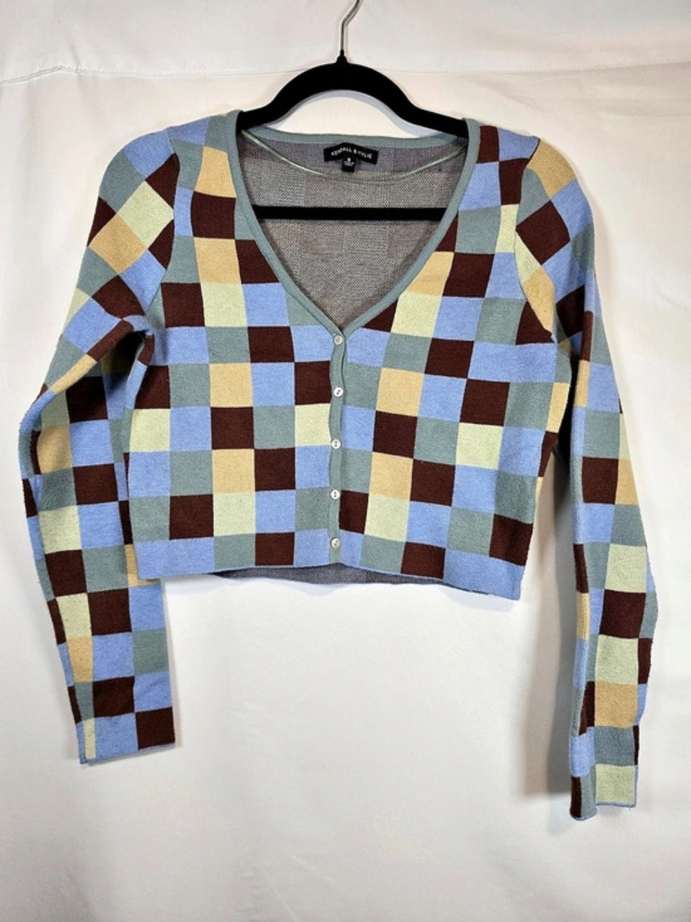 KENDALL & KYLIE Color Block Cropped Cardigan in Blue & Green Small